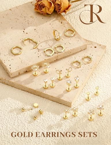Hypoallergenic Gold Stud Earrings for Women - 14k Gold Plated Surgical Stainless Steel Flat back Earrings Set Small Huggie Hoop Flatback Earring for Sensitive Ears Screw Back Cartilage Piercing Jewelry — view 6