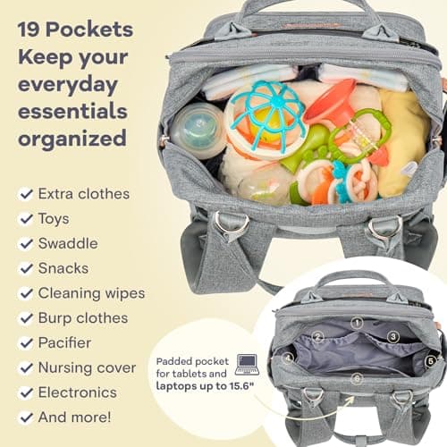 RUVALINO Diaper Bag Backpack - Multifunction Waterproof Travel Backpack, Baby Bag with Changing Pad & Stroller D-Ring & Pacifier Case - Travel Essentials & Baby Registry Search & Shower Gifts - Gray — view 4