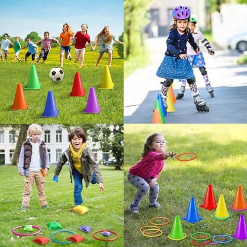 Eocolz 3 in 1 Carnival Games Set, Soft Plastic Cones Bean Bags Ring Toss Games for Kids Birthday Party Outdoor Games Supplies 32 Piece Combo Set — view 3