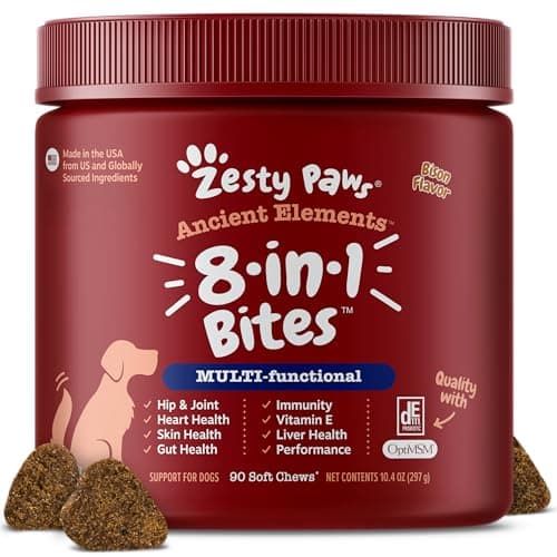 Zesty Paws Dog Multivitamin, Chewable Dog Vitamins and Supplements for Hip & Joints, Skin & Coat, Omega 3 Fish Oil for Dogs- Senior & Puppy Multivitamin - Bison- 90ct