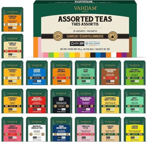 VAHDAM, Assorted Tea Sampler (20 Delicious Variety, 40 Individually Wrapped Pyramid Teabags) Long Leaf Premium Teas I Tea Gift Set I Gift Ideas for Lovers | Gifts for Him/Her