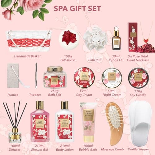 Mothers Day Gifts for Women - Rose & Cherry Blossom Bath and Body Gift Basket Set for Mother Spa Gift Set for Women - 19-Piece Bath & Body Care Kit | Mothers Day Gift for Mom, Christmas Gifts, Valentines Day, Gift for Wife — view 2