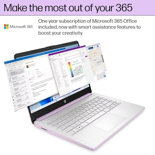 HP 14 Laptop Student Business 2025 Flagship Computer, AI Copilot, 4-Core 13th Gen Intel CPU, 16GB RAM 628GB Storage (128GB UFS+500GB Ext) 1-Yr Office 365 Long Battery HubxcelAccessory Win 11S Lavender — view 3