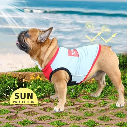 iChoue French Bulldog Summer Cooling Shirt for Dogs UV Sun Protection Vest Sleeveless Stretchy Tank Top English Pug Grey Red - Large — view 2