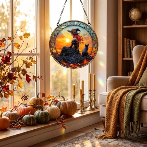 TREBIN Halloween Acrylic Jigsaw Puzzle Suncatcher, Stained Glass Window Hanging DIY Puzzle Sun Catcher 83 Pieces, Gothic Halloween Decoration Thanksgiving Home Decor (Red Sunset Hair Witch & Cat) — view 2