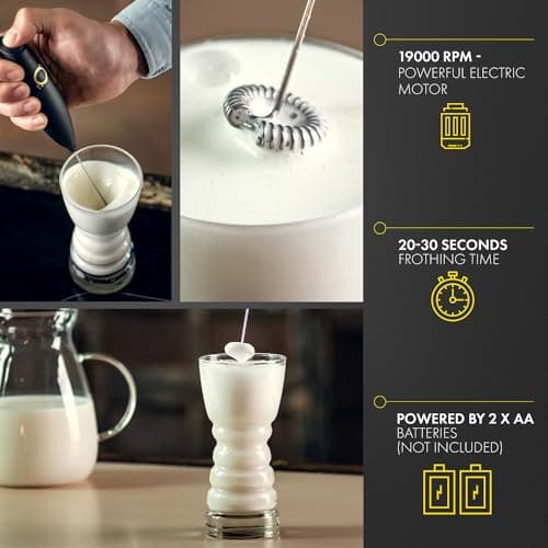 Milk Frother Matte Black - Coffee Frother Handheld with Electric Whisk - 19000 rpm - Book Recipes and Stainless Steel Stand Included - Hand Mixer Electric (Matte Black Onyx) — view 3