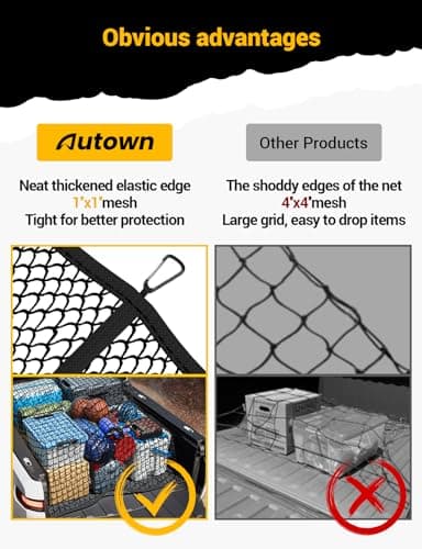 AUTOWN Cargo Net for Pickup Truck Bed - Stretchable 4'x4' to 7'x7', High Elastic Fine Mesh 1''x1'' with 8 Metal Carabiners - Ideal for ATV, SUV, UTV, Truck and Boat Use (Single Layer) — view 5