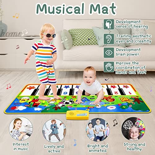 M SANMERSEN Piano Mat, 53'' x 23'' Musical Toys for Toddlers, Green Animal Theme, Electronic Keyboard, Piano Dance Mat, 16 Keys, 8 Animal Sounds & 8 Demo Melodies — view 2