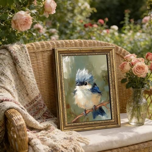 Dougepce 3D Texture Oil Painting,Vintage Gold Framed Wall Art,Blue Bird Wall Art Canvas Prints, Birds on Tree Pictures Wall Decor, Birds Artwork Paintings for Bedroom Wall Decor (Blue 11''Lx9''W)