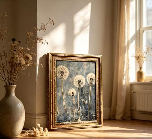 Vintage Gold Framed Dandelion Wall Art Moody Cottagecore Dandelion Painting Canvas Print Gothic Dark Plant Print Poster Wall Decor Retro Moody Plant Floral Poster Artwork for Bedroom Living room