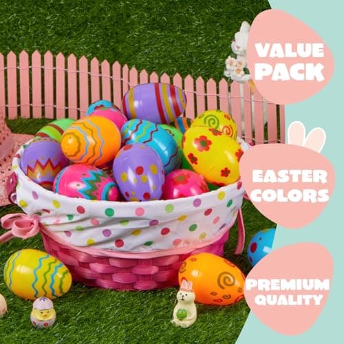 JOYIN Toy 18 PCs Plastic Printed Bright Easter Eggs, Over 3.15'' Tall Fillable Empty Eggs Bulks for Easter Hunt, Basket Stuffers Fillers, Classroom Prize Supplies, Filling Treats and Party Favor — view 2