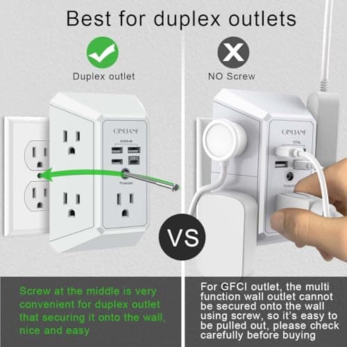 Wall Charger, Surge Protector, QINLIANF 5 Outlet Extender with 4 USB Charging Ports, 3-Sided 1680J Power Strip Multi Plug Adapter Spaced for Home Travel Office — view 4