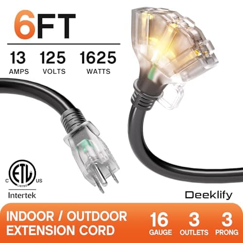 Deeklify 6 ft 16/3 awg 3 Outlet Extension Cord Splitter with Indicator, Waterproof Indoor/Outdoor Extension Cord with Multiple Outlets, 13A 1625W for Home & Workshop, ETL Listed, Flexible Black SJTW