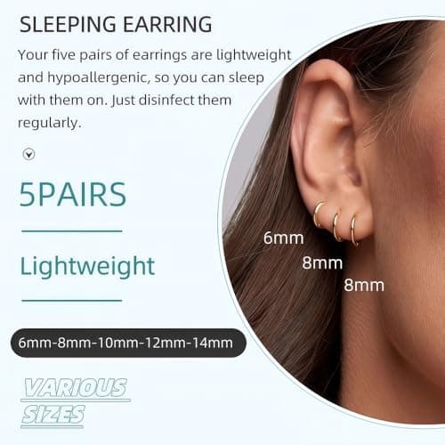 5 Pairs Small Gold Huggie Hoop Earrings Set Women 14K Gold Plated Cartilage Earrings Hypoallergenic Lightweight Stainless Steel Earrings 2nd 3rd Hole Cute Multiple Piercing Stack Jewelry Trendy Gift — view 3