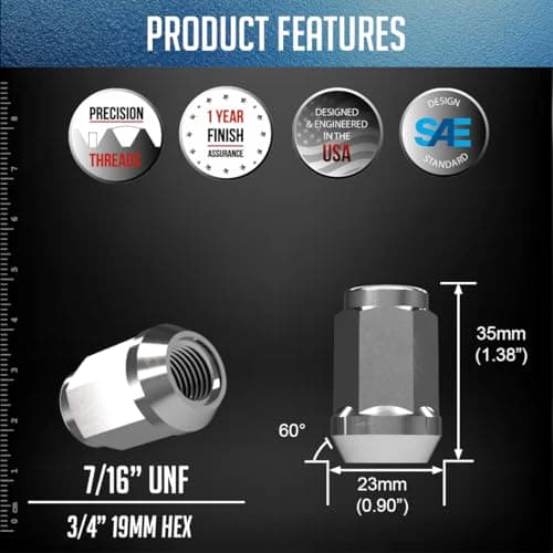 Wheel Accessories Parts 20 Pcs 7/16"-20 Thread Bulge Acorn 35mm 1.38" Long Lug Nuts Chrome 3/4" 19mm Hex Fits Many Classic Chevrolet, Buick, GMC, Pontiac Vehicles — view 2