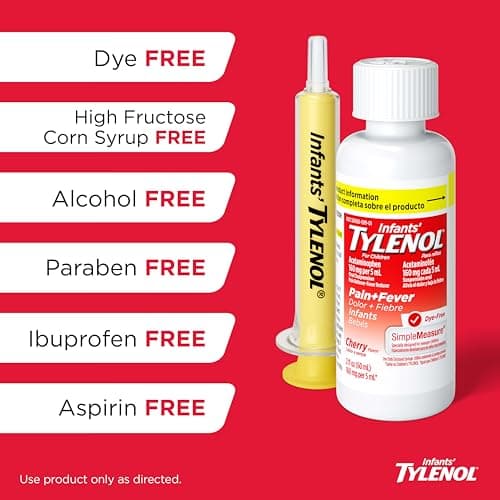 Infants’ Tylenol Dye Free Acetaminophen, Free of Alcohol, Aspirin and Ibuprofen, Oral Suspension, Pain Relief, Fever Reducer, Includes SimpleMeasure Dosing Syringe, Cherry Flavor, 2 Fl Oz — view 2