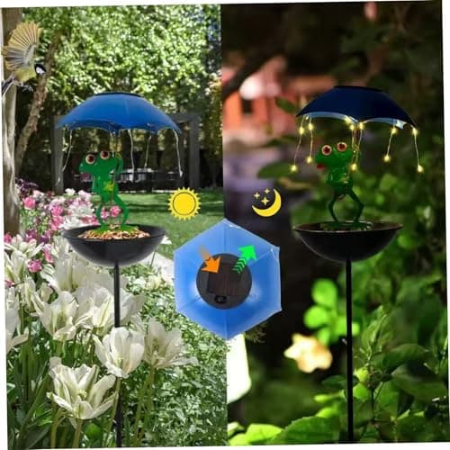 Solar Bird Feeder 34 inch Funny Frog Garden Decor Holding Umbrella Solar Lights with Stake Decorative Bird Feeders for Outdoors Path Yard, Pet Decors — view 3