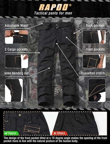 Rapoo Cargo Pants for Men Water Resistant Hiking Work Tactical Military Army Casual Pants for Men Many Pockets Mens Ripstop Lightweight Construction Carpenter Pants Black 30Wx32L — view 5