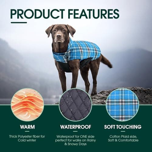 Kuoser Waterproof Dog Coat, Reversible Dog Jacket for Large Dogs, Adjustable Durable Doggie Winter Coat for Groowing Puppies Warm Puppy Cold Weather Apparel, Blue 2XL — view 2