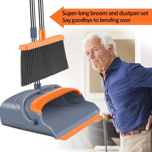 kelamayi Upgrade Broom and Dustpan Set, Self-Cleaning with Dustpan Teeth, Indoor&Outdoor Sweeping, Ideal for Dog Cat Pets Home Use, Stand Up Broom and Dustpan (Gray&Orange) — view 3