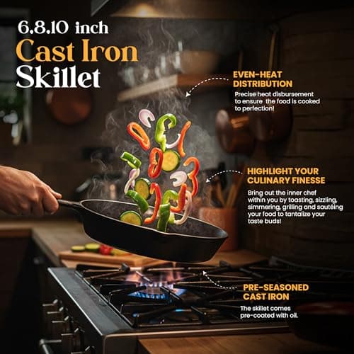 Utopia Kitchen Premium Cast iron Skillets 3 Piece Set, Chef's Pan, Pre Seasoned Frying Pan, 6, 8 & 10 Inches, PFAS-Free, Stovetop, Campfire & Grill Large Skillet, Even Heat Distribution Cast Iron Pan — view 2