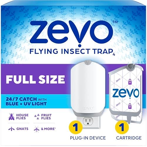 Zevo Flying Insect Trap - Plug-in Indoor Fly Trap and Bug Light Trap Refill with Blue and UV Light - No-Mess Cartridge for House Flies, Fruit Fly Trap and Gnats (1 Plug-in Base and 1 Cartridge)