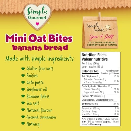 Simply Gourmet Mini Oat Bites, Banana Bread, 13 x 36g | Toddler Snack | No Added Sugar | Source of Iron | Gluten-Free | Made in Canada — view 5