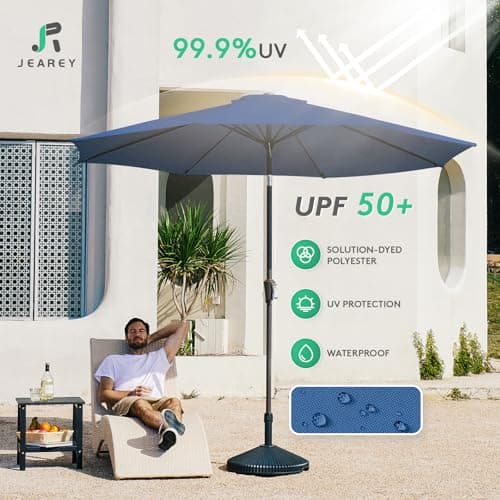 JEAREY 9FT Outdoor Patio Umbrella Outdoor Table Umbrella with Push Button Tilt and Crank, Market Umbrella 8 Sturdy Ribs UV Protection Waterproof for Garden, Deck, Backyard, Pool (Dark Blue) — view 2