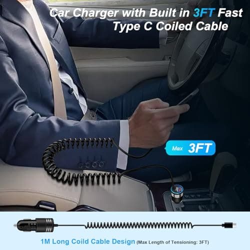 for iPhone 17e/17/16/15 Car Charger,48W PD+QC USB C Fast Car Charger Cigarette Lighter Adapter with 30W Built-in Coiled Type C Fast Charging Cable for iPhone 17e 17 Pro Max Air 16e 16 Pro Max 16 Plus — view 5