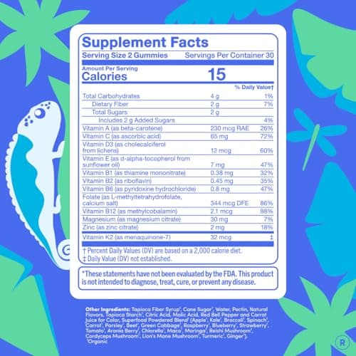 FIRST DAY Vitamins for Teens - Teen Multi Vitamins for Girls & Boys 12-17, Organic Fruit & Veggie Blend - 12 Key Nutrients: Vitamins A, B1, B2, B6, B9, B12, C, D3, E, K2-30 Day Supply — view 2