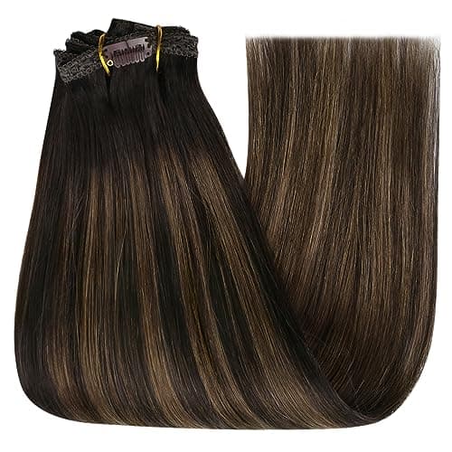 YoungSee Clip in Extensions Human Hair 18In 120G 7Pcs Dark Brown Balayage Medium Brown Clip in Hair Extensions Human Hair Ombre Straight Hair Extension Clip ins — view 8