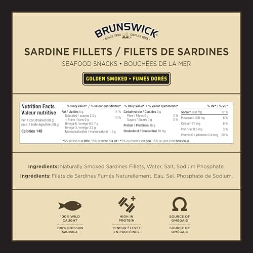 Brunswick Sardine Fillets Seafood Snacks Golden Smoked 92g, 18 Count - Canned Sardines - High In Protein - Contains Omega-3 - Excellent Source Of Vitamin D - Ready To Eat - Naturally Smoked — view 2