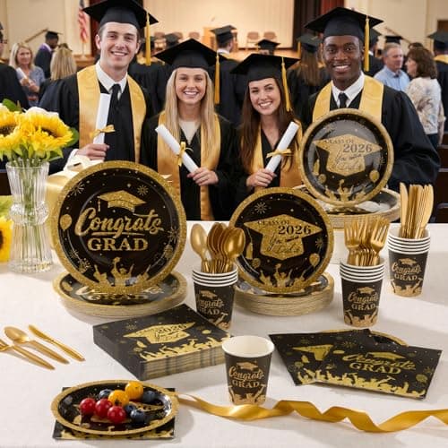 Goodluck 350pcs 2026 Graduation Party Supplies Set, Black and Gold Paper Plates Graduation Decorations, Includes 9" & 7" Disposable Paper Plates, 9oz Cups, Napkins & Cutlery for 50 Guests — view 2
