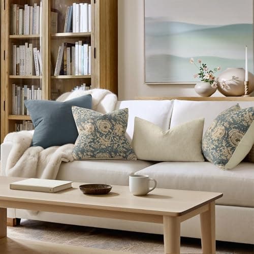 Vintage Floral Print Throw Pillow Covers 18x18 Set of 2 Neutral Modern Farmhouse Pillowcases Accent Decorative Cushion Covers Boho Home Decor for Couch Sofa Chair Bed Living Room, Dusty Blue — view 4