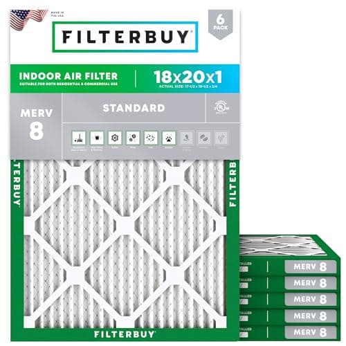 Filterbuy 18x20x1 Air Filter MERV 8 Essential Dust & Allergy Defense (6-Pack), Electrostatic Pleated HVAC AC Furnace Filters Replacement, Made in USA (Actual Size: 17.50 x 19.50 x 0.75)