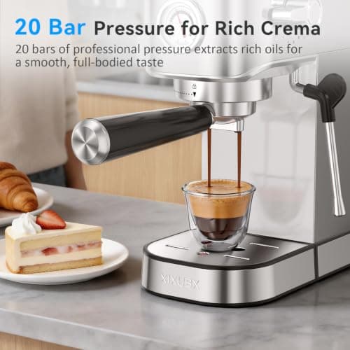 XIXUBX 20 Bar Espresso Machine, Compact Stainless Steel Espresso Maker with Milk Frother and Milk Frothing Pitcher, Coffee Machine for Cappuccino and Latte, 42 oz Water Tank for Home, Office, Silver — view 3