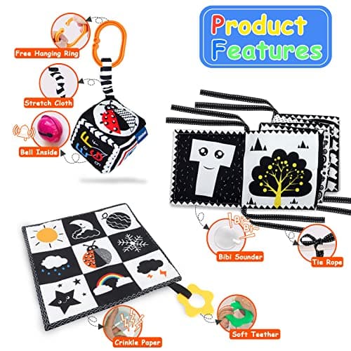 KUANGO 3 Pcs Black and White High Contrast Baby Toys 0-3 Months for Newborn, Montessori Toys for Babies Sensory Soft Book for Early Education, Infant Tummy Time Toys 0 6 9 Months Baby Gifts — view 2