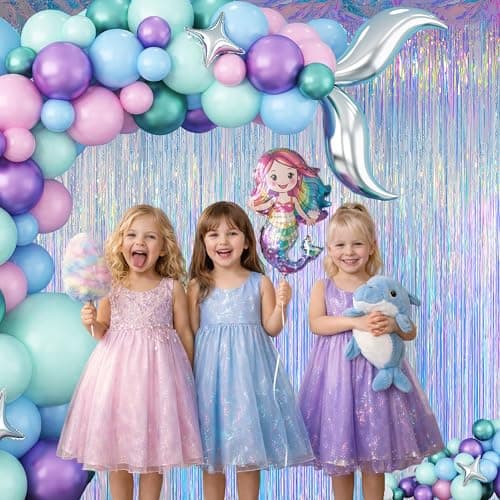 Melsan Iridescent Foil Fringe Backdrops Party Decorations - 2 Pack 3.2 x 6.5 ft Metallic Tinsel Photo Backdrop Curtains for Mermaid Unicorn Birthdays Parties - Iridescent 2 Packs