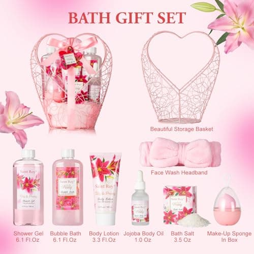 Spa Basket Gift for Women, Lily & Peony Home Shower Bath Kit, Personal Care Gift Set, Coconut & Honey Almond Beauty, Home Bath Pampering Luxury Bath and Body Home Spa Kit, Mother's Day Gifts for Mom