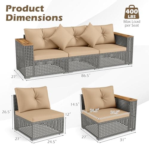 Tangkula 86.5" Large 3-Seat Patio Wicker Sofa, 3 Pieces PE Rattan Sectional Furniture Set with Cup Holder & Wood Armrest, Outdoor Couch with Armless & 2 Corner Sofas for Garden, Yard, Porch (Brown) — view 2