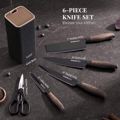 Astercook Knife Set, 6-Piece Kitchen Knife Set with Block, High Carbon Stainless Steel Ultra Sharp Kitchen Knives, Wood Grain Handle, Dishwasher Safe Knife Block Set, Black, Kitchen Utility Knives