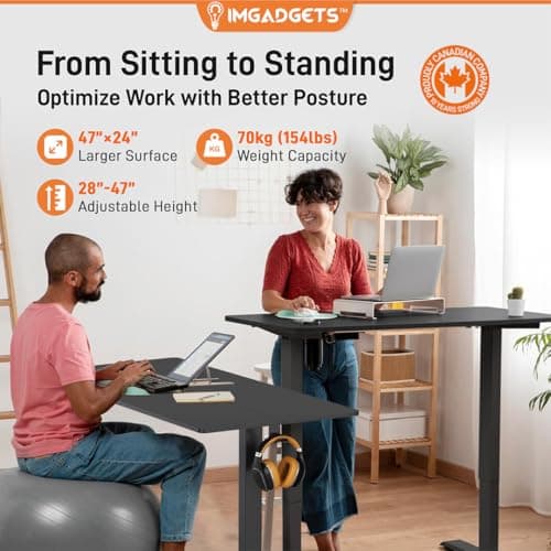 IMGadgets Electric Standing Desk, 47x24 Inches Height Adjustable, 2026 6th Gen Quiet Motor Ergonomic Sit Stand Desk, Computer Desk for Home Office, Height Memory Buttons, Display, 2 Headphone Holders — view 2