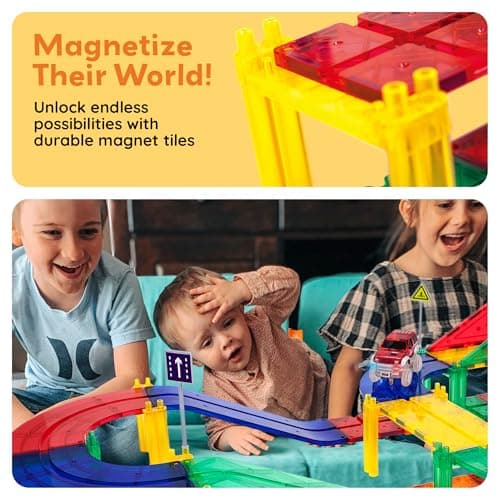 PicassoTiles 100 PCs Race Car Track Set Magnetic Toy Building Block with 2 LED Cars with Height Adjustable Roads Signs Education STEM Building Kit Learning Construction Fun for Boys & Girls Ages 3+ — view 4
