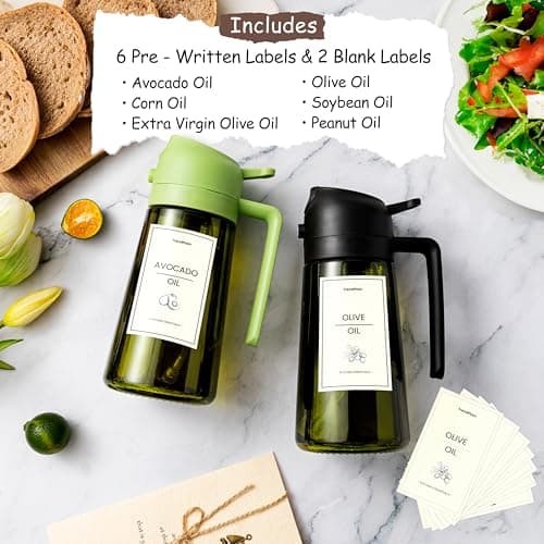 TrendPlain 470ml Olive Oil Dispenser Bottle for Kitchen Gadgets - 2 in 1 Dispenser and Sprayer - Olive Oil Spray Bottle w/Stickers (Light Blockage) - BPA Free - Black&Green