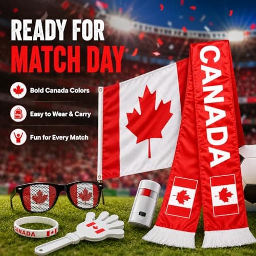 Canada Soccer Fan Gear Set - 6-Piece Red & White Supporter Kit: 3x5ft Flag, Scarf, Hand Clapper, Face Paint, Fan Glasses & Silicone Bracelet - Perfect for 2026 Match Day & National Celebrations — view 4