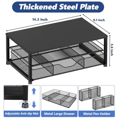 OPNICE Desk Organizer and Accessories, 2-Tier Computer Monitor Stand Riser with Drawer and 2 Pen Holders, Laptop Stand, Office Desk Accessories for Office Supplies, Black — view 2