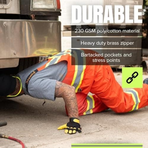 Pioneer Hi Vis Safety Overalls for Men - For Construction, Traffic, Sanitation - Class 2 - 7 Pockets - High Visibility Orange