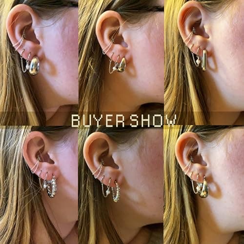 6 Pairs 14K Gold Plated Hoop Earrings for Women Lightweight Chunky Hoop Earrings Multipack Hypoallergenic, Thick Open Twisted Huggie Hoops Earring Set Jewelry for Gifts. (Gold) — view 5