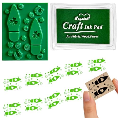 Leprechaun Footprints Stamp St. Patrick's Day Leprechaun Trap Shamrocks Rubber Stamp with Ink Pad, Green Elf Tracks Feet Stamps for St. Patrick's Day DIY Craft Supplies Decoration