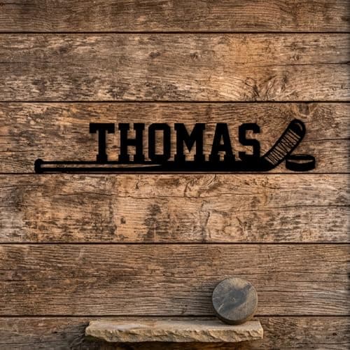Coovew Personalized Ice Hockey Name Sign, Custom Hockey Stick Metal Wall Art, Sports Room Decor for Bedroom Game Room, Sports Gift for Player Fans Coach Color07